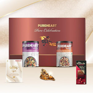 PUREHEART Pure Celebration Premium Wedding Gift Box | Dry Fruits Gift Hamper For Couples | Cherokee Trail Mix (230g) and Salt & Sweet Nutmix (200g) | Bournville Chocolate & Wishing Card | Ganpati Diya