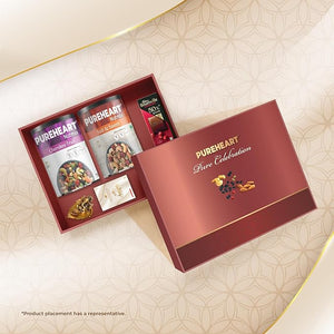 PUREHEART Pure Celebration Premium Wedding Gift Box | Dry Fruits Gift Hamper For Couples | Cherokee Trail Mix (230g) and Salt & Sweet Nutmix (200g) | Bournville Chocolate & Wishing Card | Ganpati Diya