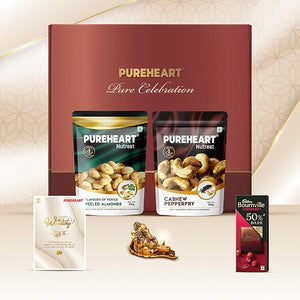 PUREHEART Pure Celebration Premium Wedding Gift Box | Dry Fruits Gift Hamper For Couples | FOV Peeled Almond and Cashew Pepperfry (80g, each) | Bournville Chocolate & Wishing Card | Ganpati Diya