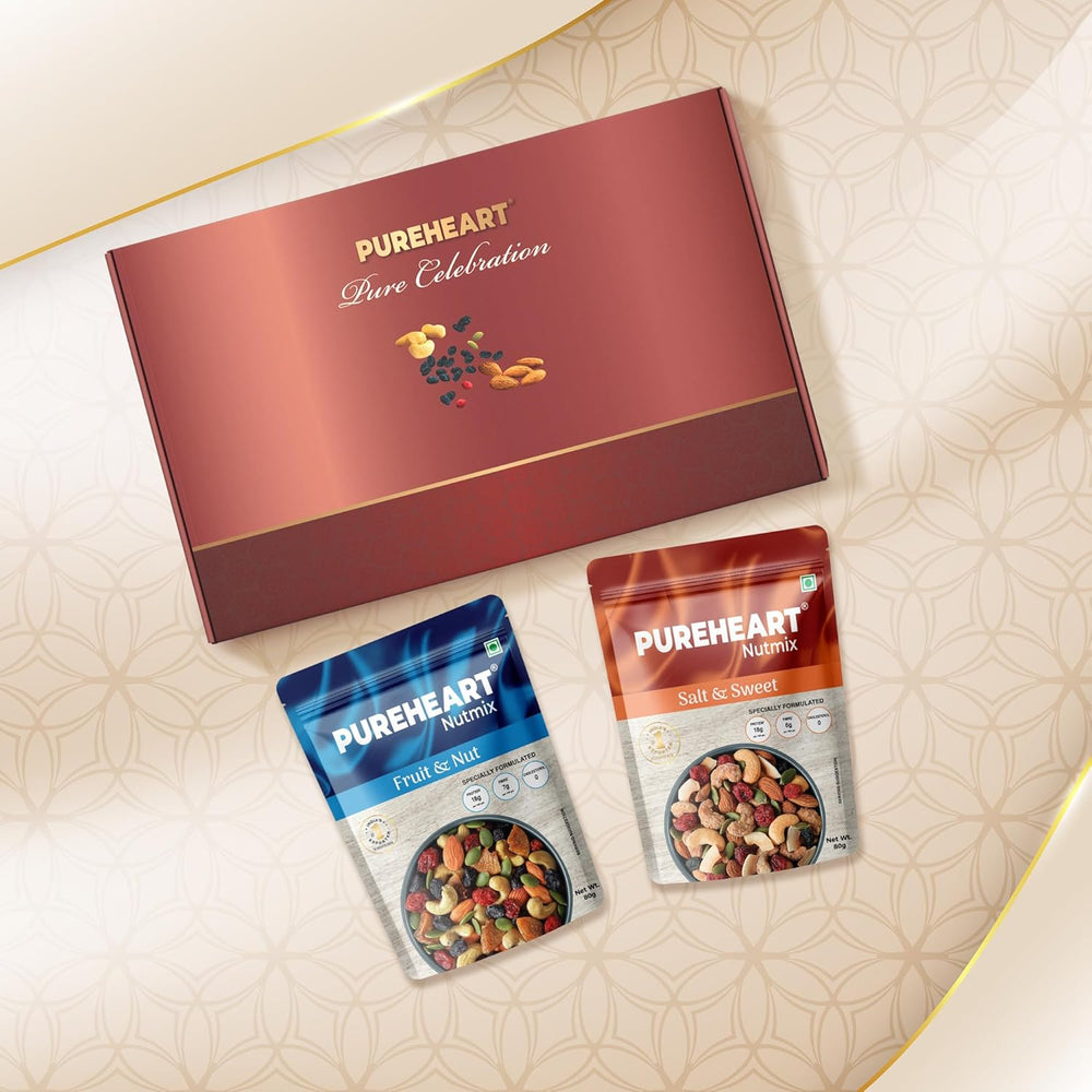 PUREHEART Pure Celebration Premium Gift Box | Dry Fruits Gift Pack | Wedding Gift Hamper | Fruit & Nut and Salt & Sweet (80 g, each) | Wishing Card & Chocolate | Wedding Gifting