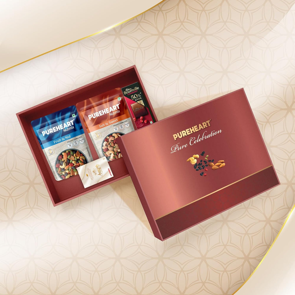 PUREHEART Pure Celebration Premium Gift Box | Dry Fruits Gift Pack | Wedding Gift Hamper | Fruit & Nut and Salt & Sweet (80 g, each) | Wishing Card & Chocolate | Wedding Gifting