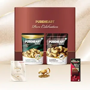 PUREHEART Pure Celebration Premium Wedding Gift Box | Dry Fruits Gift Hamper For Couples | FOV Peeled Almond and Cashew Pepperfry (80g, each) | Bournville Chocolate & Wishing Card | Diya