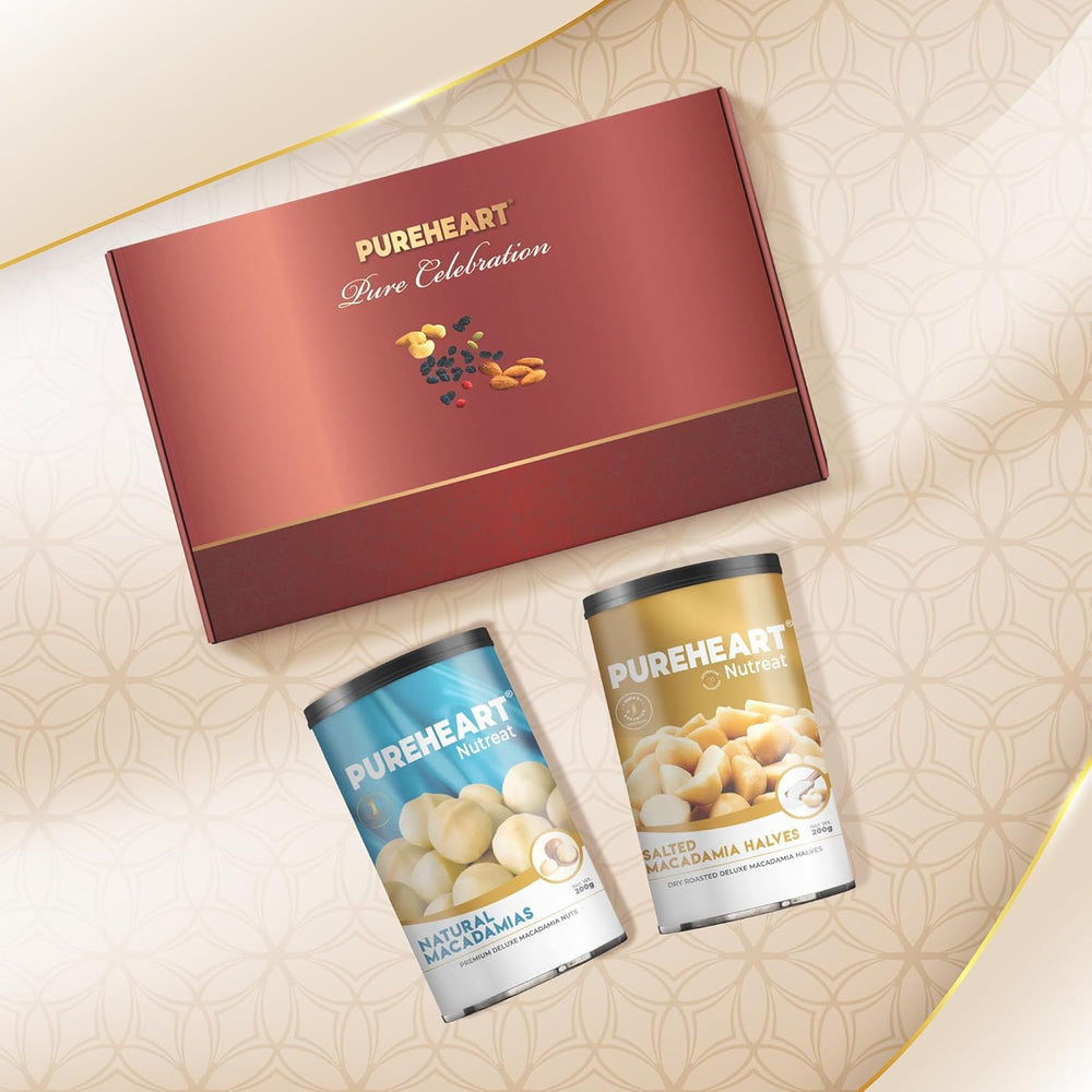 PUREHEART Pure Celebration Premium Wedding Gift Box | Dry Fruits Gift Hamper For Couples | Natural Macadamia and Salted Macadamia (200g, each) | Bournville Chocolate & Wishing Card | Ganpati Diya