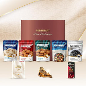 PUREHEART Pure Celebration Premium Wedding Gift Box | Dry Fruits Gift Hamper For Couples | Natural & Fiery Hot Cashews, Nutmix, Raisins, Almonds | Bournville Chocolate, Wishing Card & Ganpati Diya