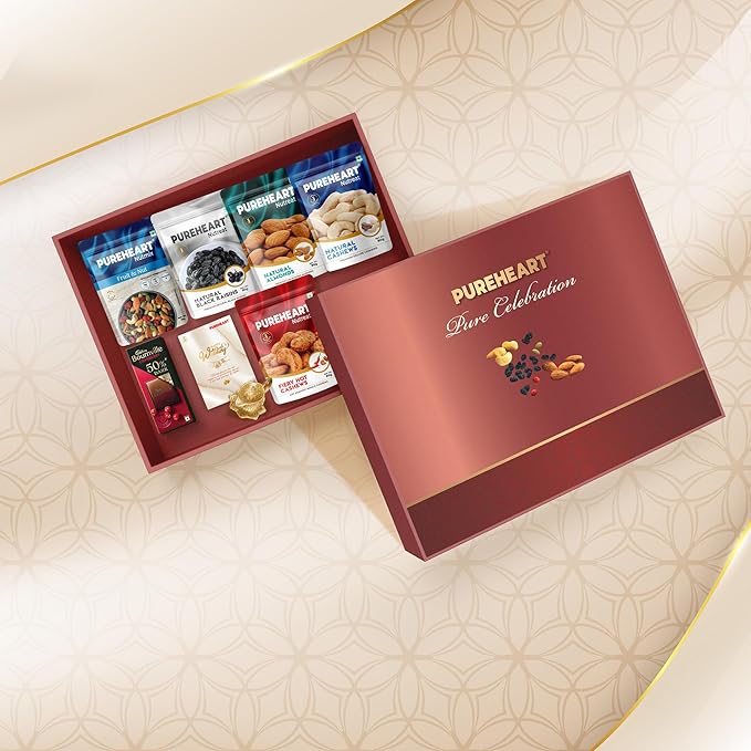 PUREHEART Pure Celebration Premium Wedding Gift Box | Dry Fruits Gift Hamper For Couples | Natural & Fiery Hot Cashews, Nutmix, Raisins, Almonds | Bournville Chocolate, Wishing Card & Ganpati Diya