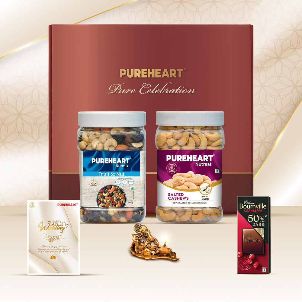 PUREHEART Pure Celebration Premium Wedding Gift Box | Dry Fruits Gift Hamper For Couples | Fruit & Nut Nutmix, Salted Cashews (650g, each) | Bournville Chocolate & Wishing Card | Ganpati Diya