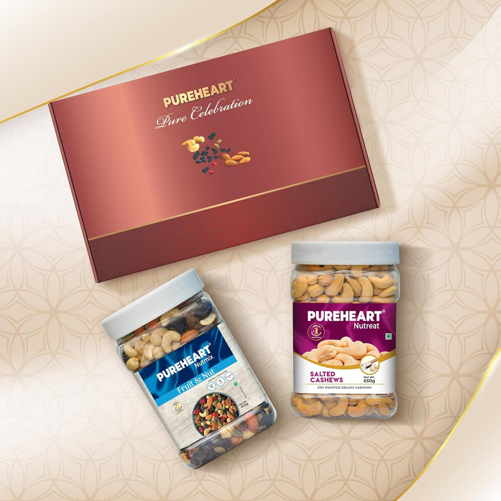 PUREHEART Pure Celebration Premium Wedding Gift Box | Dry Fruits Gift Hamper For Couples | Fruit & Nut Nutmix, Salted Cashews (650g, each) | Bournville Chocolate & Wishing Card | Ganpati Diya