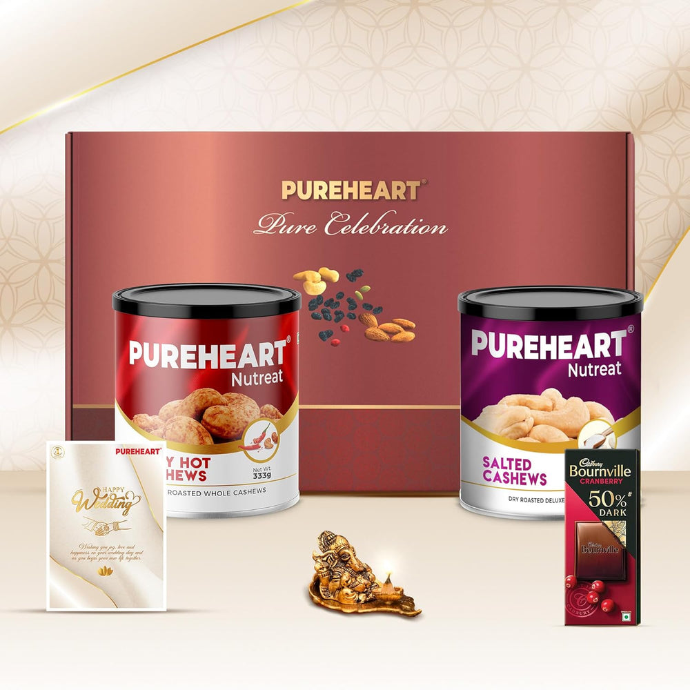 PUREHEART Pure Celebration Premium Wedding Gift Box | Dry Fruits Gift Hamper For Couples | Salted and Fiery Hot Cashews (333g, each) | Bournville Chocolate & Wishing Card | Ganpati Diya