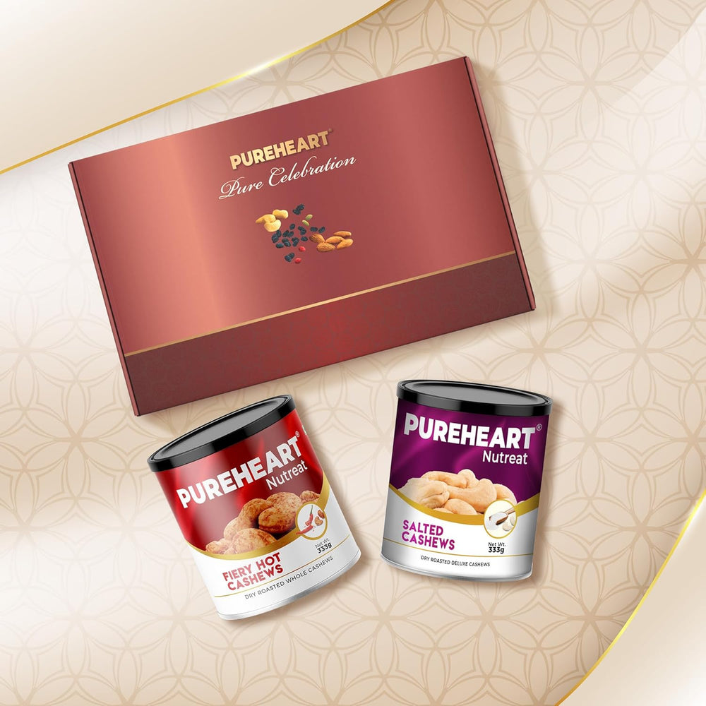 PUREHEART Pure Celebration Premium Wedding Gift Box | Dry Fruits Gift Hamper For Couples | Salted and Fiery Hot Cashews (333g, each) | Bournville Chocolate & Wishing Card | Ganpati Diya