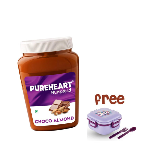 PUREHEART Choco Almond Nut Spread 350gm with Lunch Box | Chocolate Almond Creamy, Smooth & Nutty | Rich in Roasted Nuts | Healthy Breakfast Spread for Kids & Family | No. 1 Exporter of Roasted Nuts