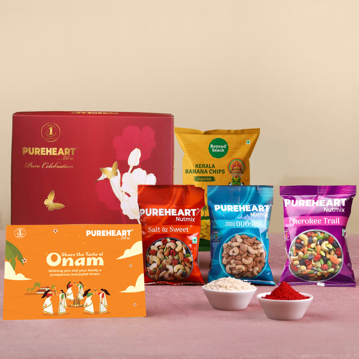 PUREHEART Onam Gift Hamper- Vanilla Cashew & Choco Almonds, Cherokee Trail Mix, Sweet & Salt Nutmix (25 g Each) with Banana Chips, Gift Card, - Crunchy Dry Fruits and Nuts