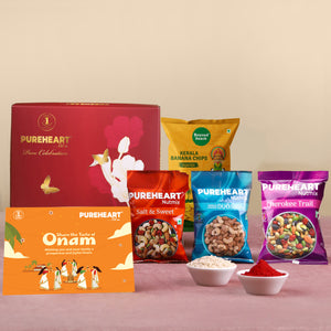 PUREHEART Onam Gift Hamper- Vanilla Cashew & Choco Almonds, Cherokee Trail Mix, Sweet & Salt Nutmix (25 g Each) with Banana Chips, Gift Card, - Crunchy Dry Fruits and Nuts