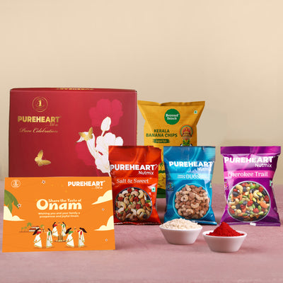 PUREHEART Onam Gift Hamper- Vanilla Cashew & Choco Almonds, Cherokee Trail Mix, Sweet & Salt Nutmix (25 g Each) with Banana Chips, Gift Card, - Crunchy Dry Fruits and Nuts