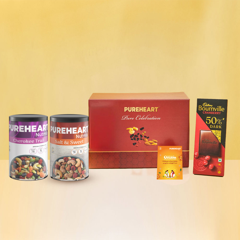 PUREHEART Onam Gift Hamper Cherokee Premium Trail Mix, Sweet & Salt Nutmix (230g, each), Cadbury Bournville Dark Chocolate with , Gift Card,
