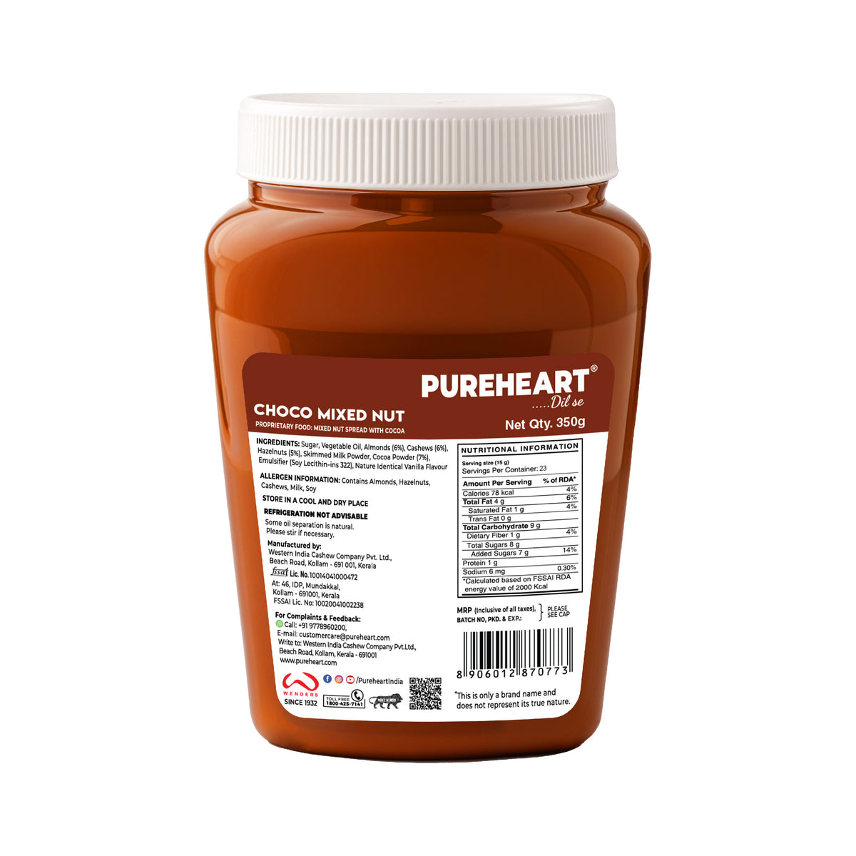 PUREHEART Choco Mixed Nut Spread 350gm with Water Sipper Bottle or DOMS Stationary Kit| Nutty, Smooth and Creamy Chocolate Spread for Breakfast - No. 1 Exporter of Roasted Nuts