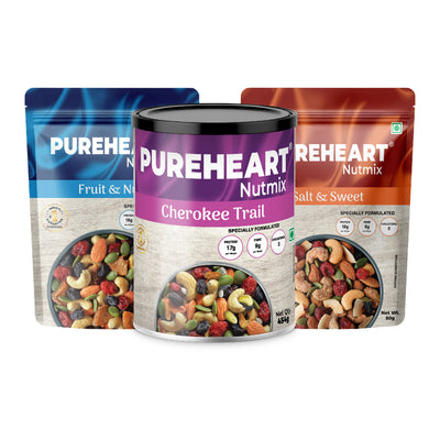 Pureheart Premium Nut & Berry Combo: Cherokee Trail Mix (454gm Jar) + Fruit & Nuts (80gm) + Salt & Sweet Nutmix (80gm) - Healthy Roasted Snack Pack (Pack of 3)
