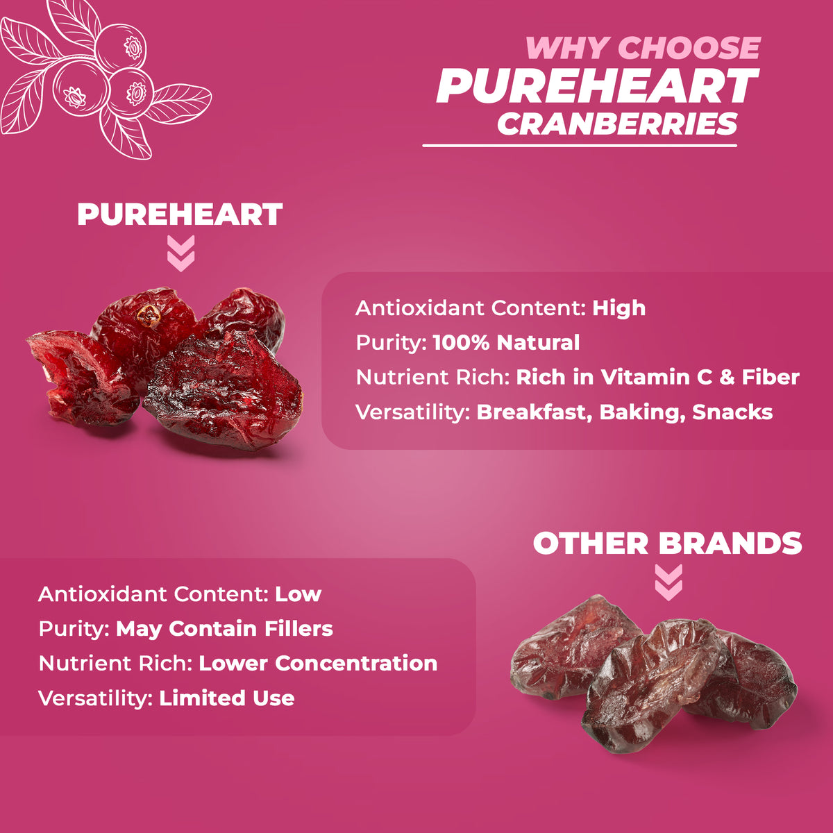 Pureheart Dried Cranberries 80g | Naturally Sweet & Tangy Cranberry Dry Fruit | Healthy Snack, Antioxidant Rich, High Fiber Superfood | Cranberry for Salad, Baking & Trail Mix