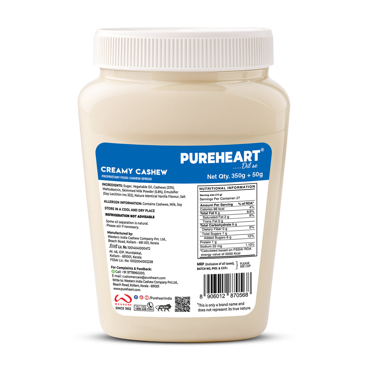 Pureheart Creamy Cashew Spread Online | Back to School Offer with Assured Gifts | Premium Cashew Butter from India’s Leading Roasted Nut Brand | Smooth & Healthy Nut Spread | 350+50gm