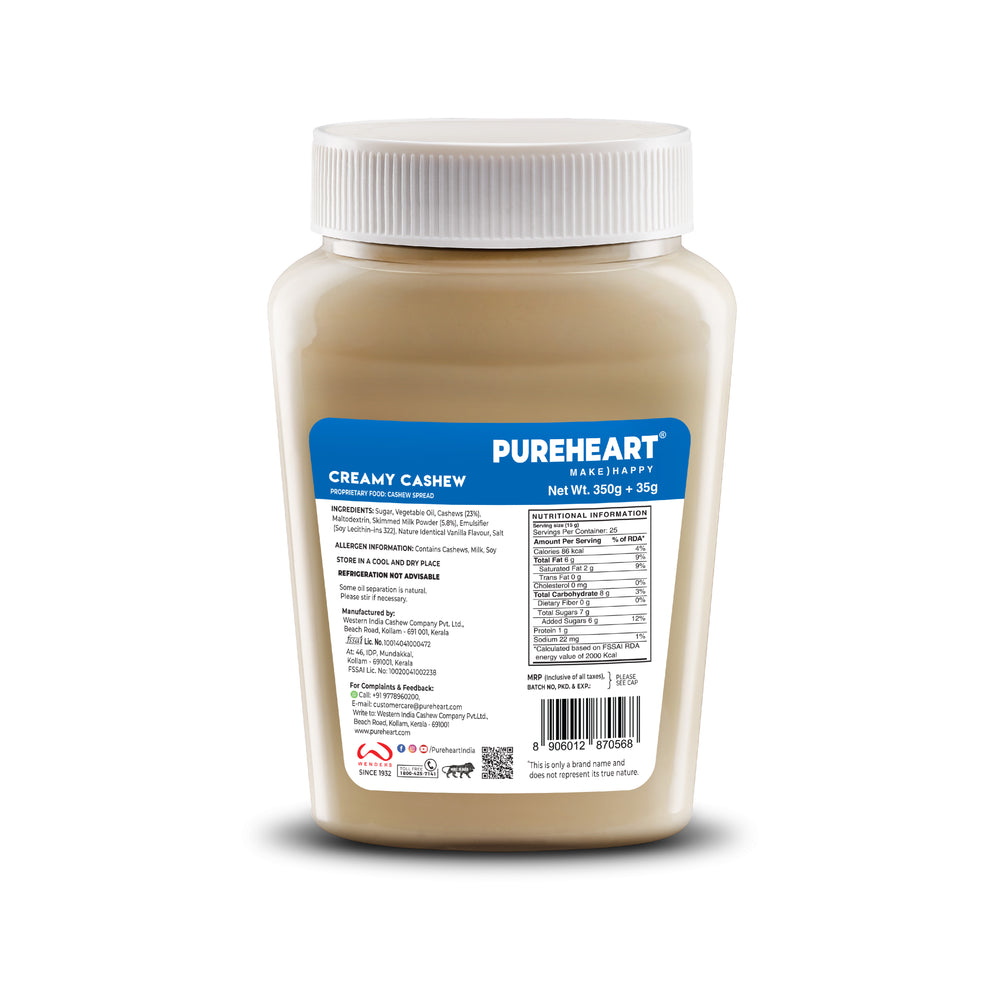 PUREHEART creamy cashew (350 + 35 gm ) -  creamy cashew Spread for Breakfast, Delicious, Smooth and Creamy Snack