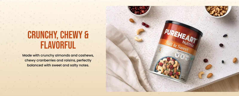 About Pureheart Nutmix Salt & Sweet Dry Fruits  Premium Salted Mix Nuts (Cashews, Almonds, Raisins, Cranberries) Delicious & Crunchy Mixed Dry Fruits - 3 (Mobile)