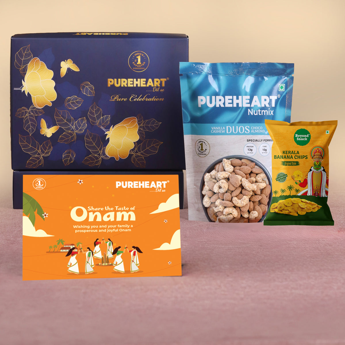 PUREHEART Onam Gift Hamper- Vanilla Cashew & Choco Almonds (80g) with Banana Chips , Gift Card, - Dry Fruits and Nuts Gift