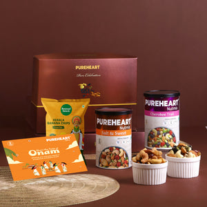 PUREHEART Onam Gift Hamper Cherokee Premium Trail Mix, Sweet & Salt Nutmix (230g, each), Kerala Special Banana Chips with , Gift Card,
