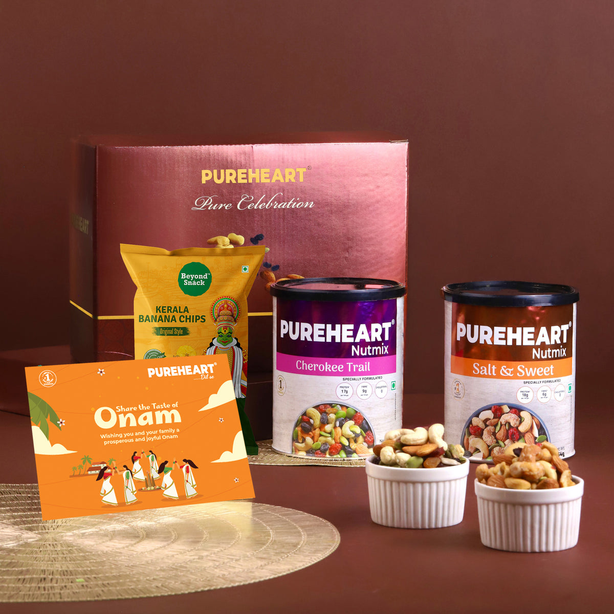PUREHEART Onam Gift Hamper Cherokee Premium Trail Mix, Sweet & Salt Nutmix (454g, each), Kerala Special Banana Chips with , Gift Card, (Copy)