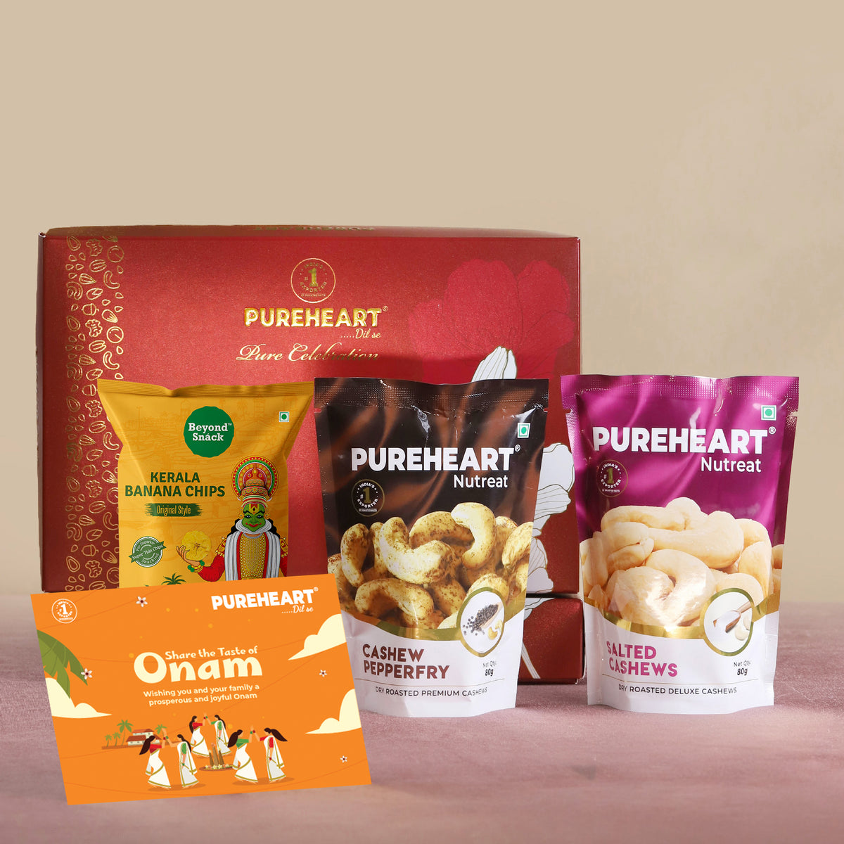 PUREHEART Onam Gift Hamper - Salted Cashews, Pepperfry Cashews (80g, each) with Banana Chips , Gift Card,