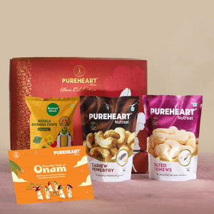 PUREHEART Onam Gift Hamper - Salted Cashews, Pepperfry Cashews (80g, each) with Banana Chips , Gift Card,
