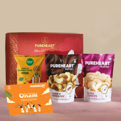 PUREHEART Onam Gift Hamper - Salted Cashews, Pepperfry Cashews (80g, each) with Banana Chips , Gift Card,