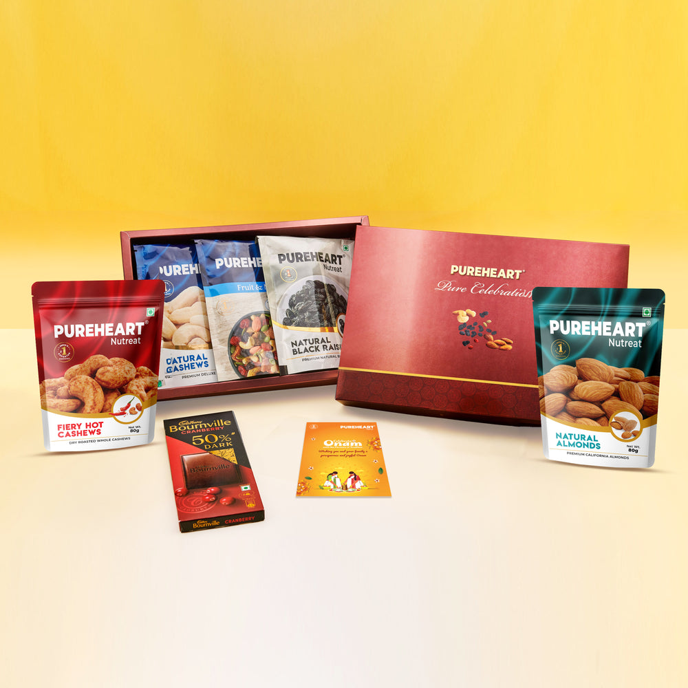 PUREHEART Onam Gift Hamper - Natural and Fieryhot Cashews, Almonds, Fruit & Nut Nutmix, Black Raisins (80 g each), Cadbury Bournville Fruit & Nut Dark Chocolate with Rakhi for Brother, Gift Card
