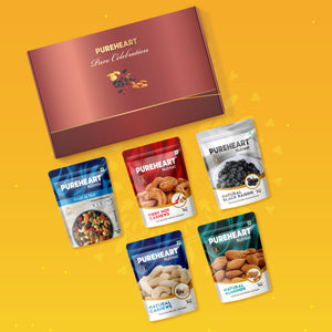 PUREHEART Onam Gift Hamper - Natural and Fieryhot Cashews, Almonds, Fruit & Nut Nutmix, Black Raisins (80 g each), Cadbury Bournville Fruit & Nut Dark Chocolate with Rakhi for Brother, Gift Card