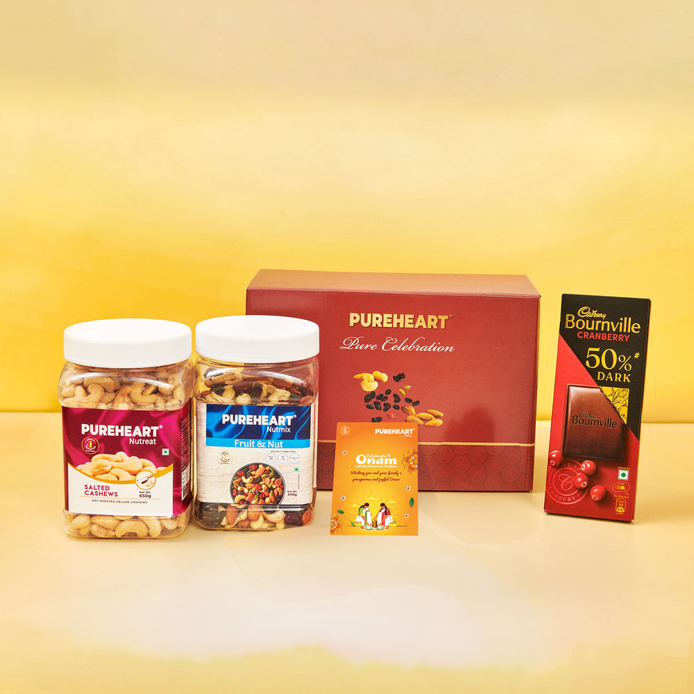 PUREHEART Onam Gift Hamper - Salted Cashews, Nutmix Fruit & Nuts Mixed Dry Fruits (650g each), Cadbury Bournville Dark Chocolate with  Gift Card,