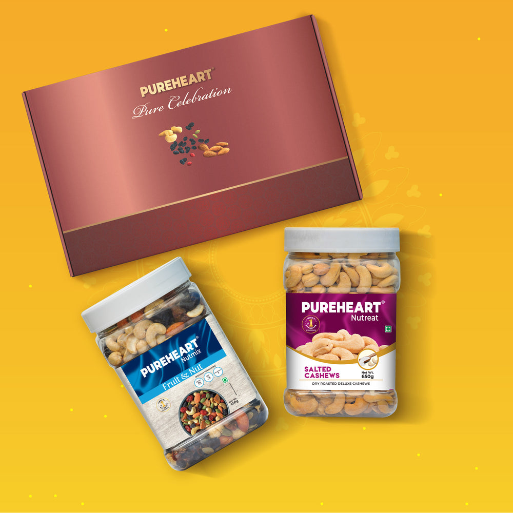PUREHEART Onam Gift Hamper - Salted Cashews, Nutmix Fruit & Nuts Mixed Dry Fruits (650g each), Cadbury Bournville Dark Chocolate with  Gift Card,