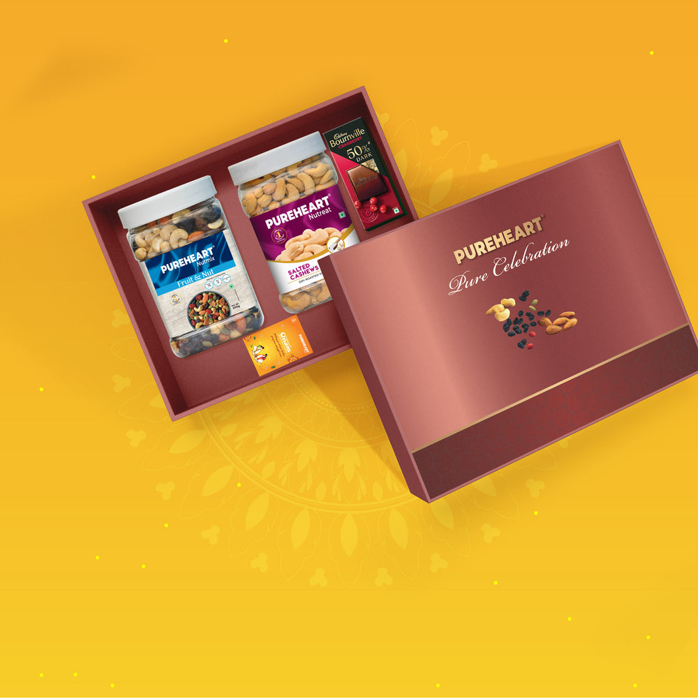 PUREHEART Onam Gift Hamper - Salted Cashews, Nutmix Fruit & Nuts Mixed Dry Fruits (650g each), Cadbury Bournville Dark Chocolate with  Gift Card,