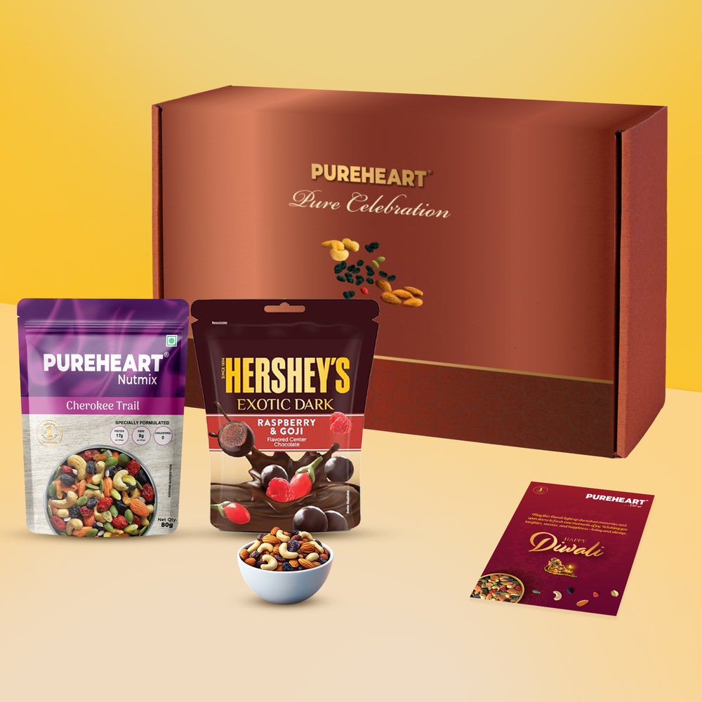 PUREHEART Celebration Diwali Gift Hamper | Corporate Gift Box with Cherokee Trail Mix (80g) and Hershey's Kisses Chocolate, Happy Diwali Greeting Card | Festive Dry Fruits Pack