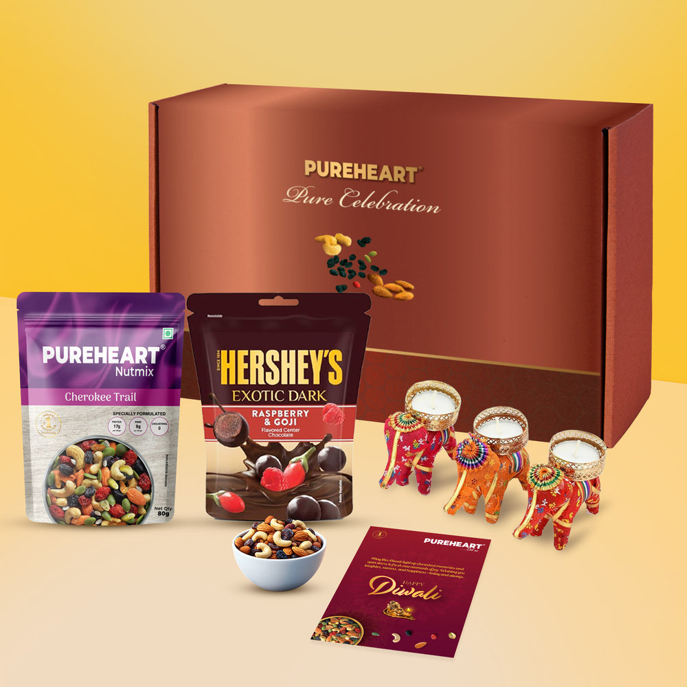 PUREHEART Diwali Gift Hamper | Corporate Gift Box | Cherokee Trail Mix (80g) and Hershey's Kisses Chocolate, 3 Handcrafted Elephant Tealight Candles & Diwali Greeting Card | Festive Dry Fruits Pack