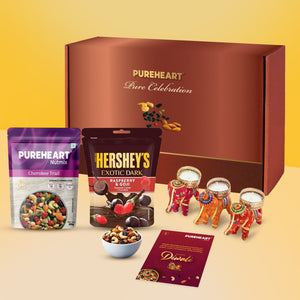 PUREHEART Diwali Gift Hamper | Corporate Gift Box | Cherokee Trail Mix (80g) and Hershey's Kisses Chocolate, 3 Handcrafted Elephant Tealight Candles & Diwali Greeting Card | Festive Dry Fruits Pack