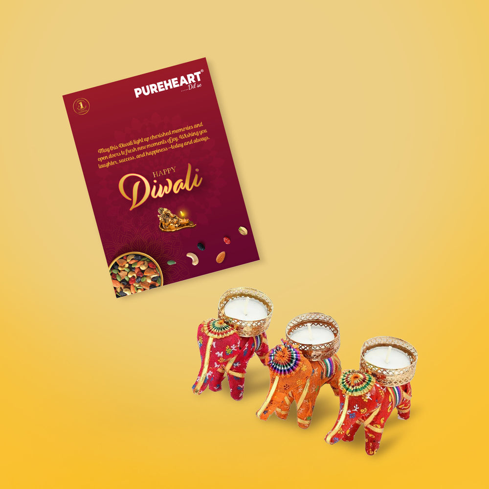 PUREHEART Diwali Gift Hamper | Corporate Gift Box | Cherokee Trail Mix (80g) and Hershey's Kisses Chocolate, 3 Handcrafted Elephant Tealight Candles & Diwali Greeting Card | Festive Dry Fruits Pack