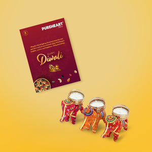 PUREHEART Diwali Gift Hamper | Corporate Gift Box | Cherokee Trail Mix (80g) and Hershey's Kisses Chocolate, 3 Handcrafted Elephant Tealight Candles & Diwali Greeting Card | Festive Dry Fruits Pack
