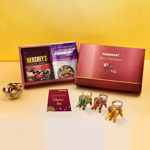 PUREHEART Diwali Gift Hamper | Corporate Gift Box | Cherokee Trail Mix (80g) and Hershey's Kisses Chocolate, 3 Handcrafted Elephant Tealight Candles & Diwali Greeting Card | Festive Dry Fruits Pack