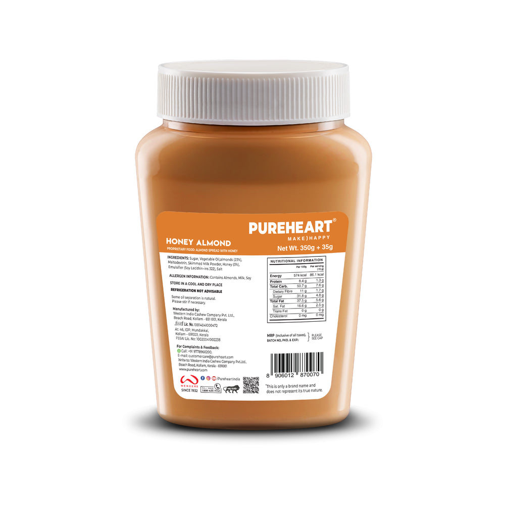 PUREHEART Honey Almond Nut Spread (350 + 35 ) - Honey Almond Spread for Breakfast, Delicious, Smooth and Creamy Snack