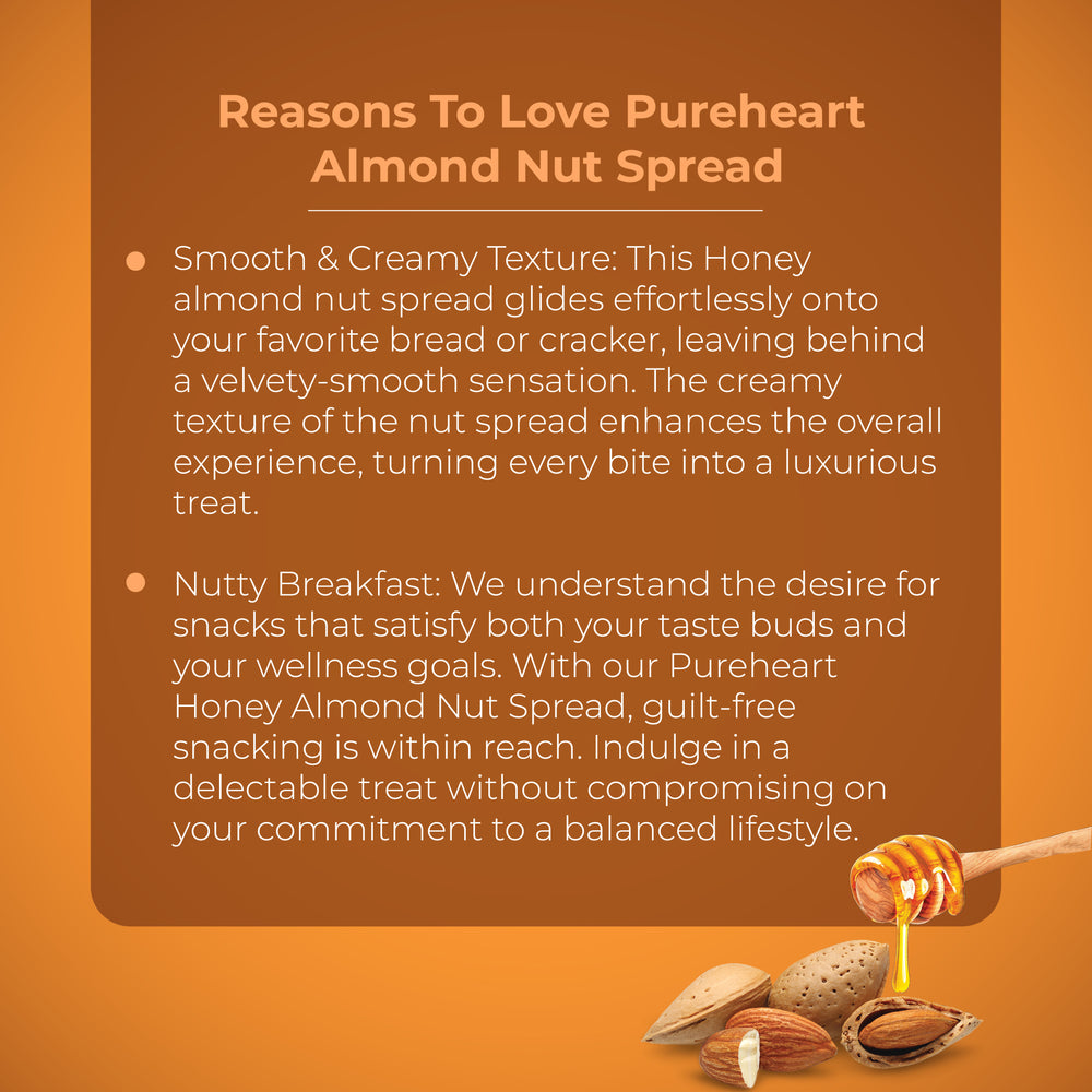 PUREHEART Honey Almond Nut Spread (350 + 35 ) - Honey Almond Spread for Breakfast, Delicious, Smooth and Creamy Snack