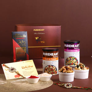 PUREHEART Rakhi Gift Hamper Cherokee Premium Trail Mix, Sweet & Salt Nutmix (230g, each), Cadbury Bournville Dark Chocolate with , Gift Card,