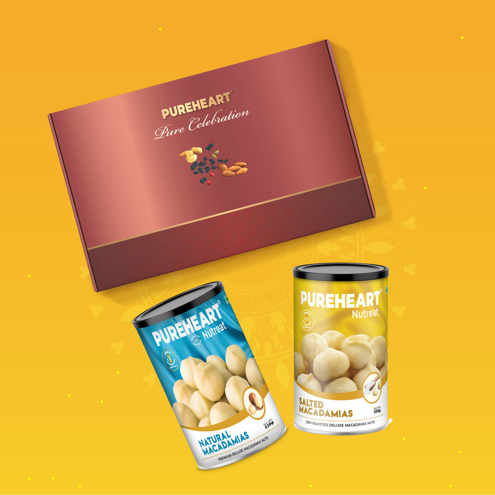PUREHEART Onam Gift Hamper - Natural Macadamia, Salted Roasted Macadamia (200g, each) and Cadbury Bournville Dark Chocolate with Gift Card,