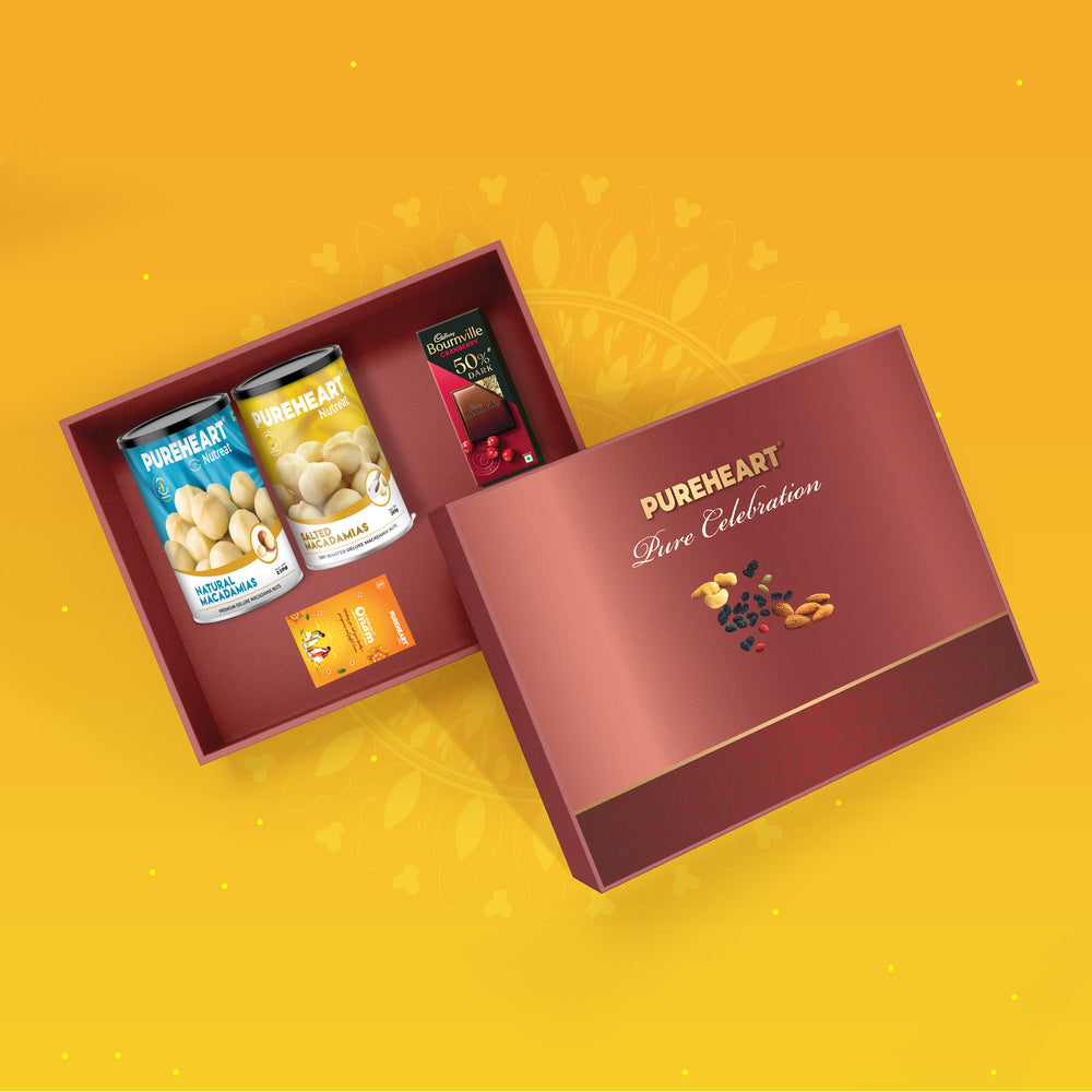PUREHEART Onam Gift Hamper - Natural Macadamia, Salted Roasted Macadamia (200g, each) and Cadbury Bournville Dark Chocolate with Gift Card,