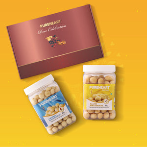 PUREHEART Onam Gift Hamper with Gift Card, and Combo of Natural Macadamia, Salted Roasted Macadamia (650 gm, each) and Cadbury Bournville Fruit & Nut Dark Chocolate