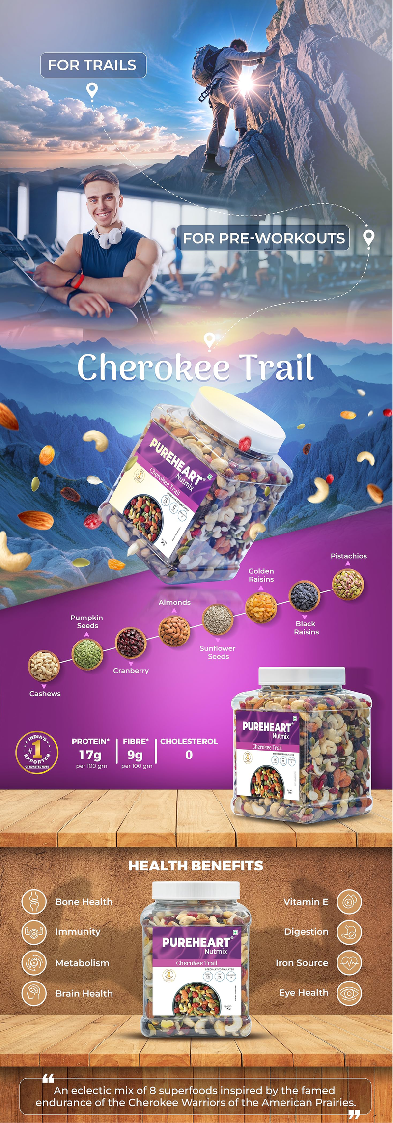 About Cherokee Trail Mix  Natural Premium Mix Nuts - Combination of Cashews, Almonds, Pistachio, Cranberries, Raisins, Pumpkin Seeds, Sunflower Seeds - Crunchy Dry Fruits - 1 (Mobile)