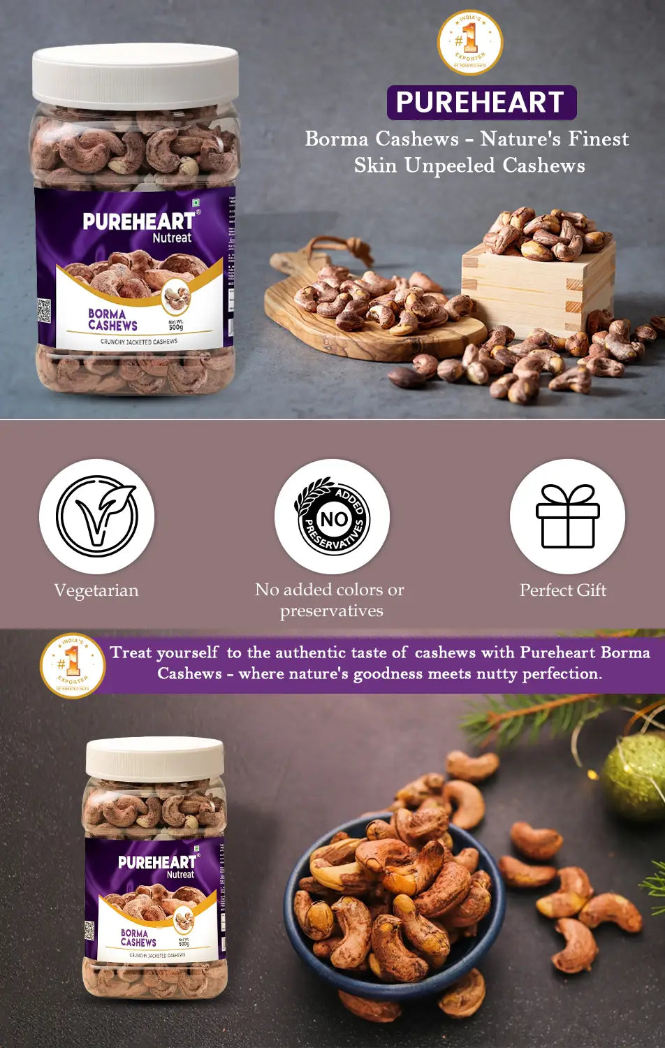 About Pureheart Borma Cashews/Skin Unpeeled Cashews  Natural Whole Cashews - Nutty Flavor Cashew Nuts with Skin - Reusable Jar - 1