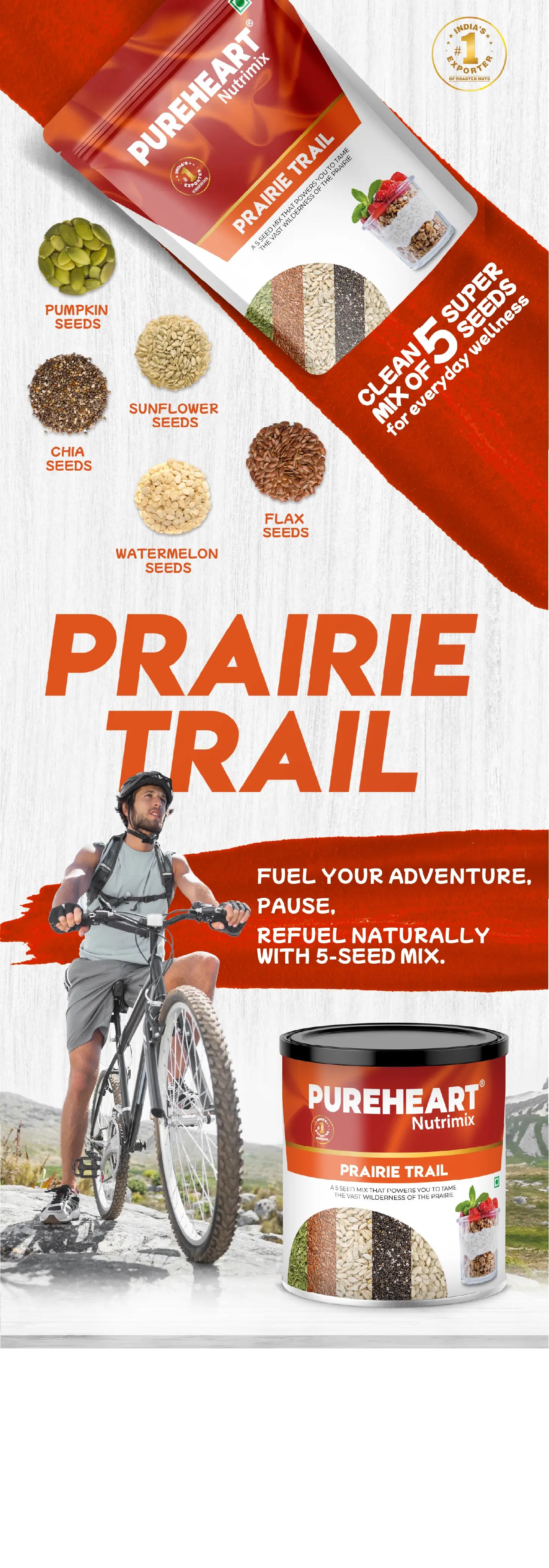 About PUREHEART Prairie Trail 5-Seed Mix – Flax, Chia, Pumpkin, Sunflower & Watermelon Seeds | High Protein, Omega-3, Fiber | Healthy Crunchy Snack & Salad Topping | Gluten-Free & Nutritional - 1